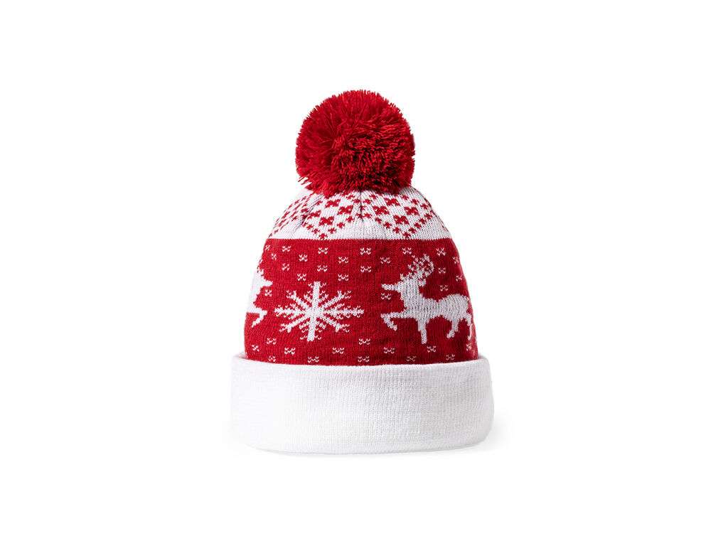 Gorro original con motivos navideños y pom pom a juego