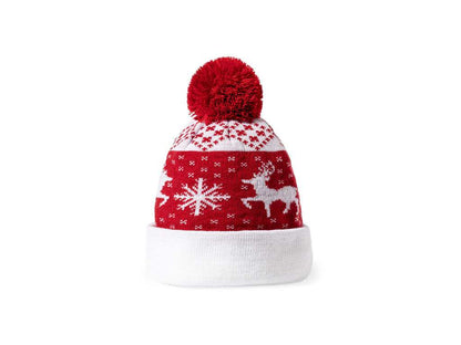 Gorro original con motivos navideños y pom pom a juego