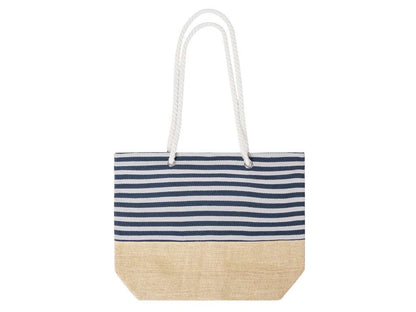 Bolsa de algodón y yute con diseño a rayas blancas y azules