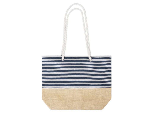 Bolsa de algodón y yute con diseño a rayas blancas y azules