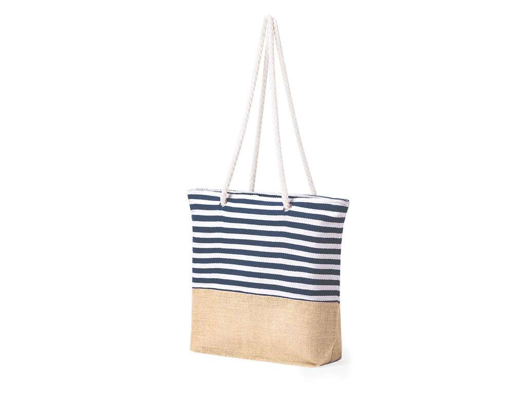 Bolsa de algodón y yute con diseño a rayas blancas y azules