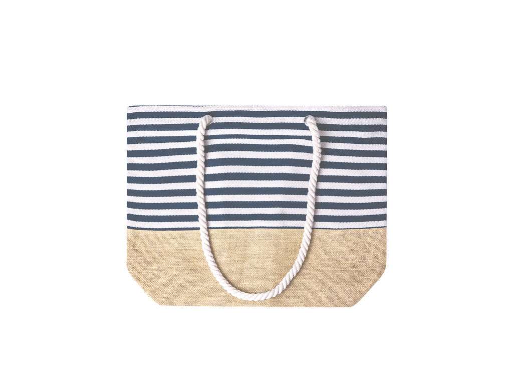 Bolsa de algodón y yute con diseño a rayas blancas y azules