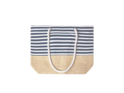 Bolsa de algodón y yute con diseño a rayas blancas y azules