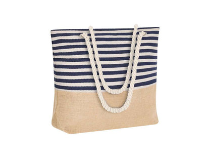 Bolsa de algodón y yute con diseño a rayas blancas y azules
