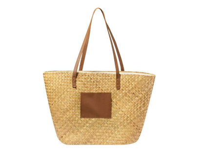 Bolsa rectangular de paja con asas largas en polipiel, gran capacidad