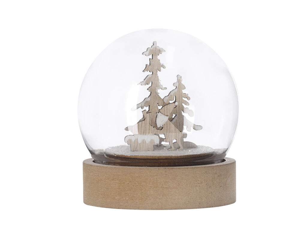 Bola Iluminada Navideña con Base de Madera y LED Blanco
