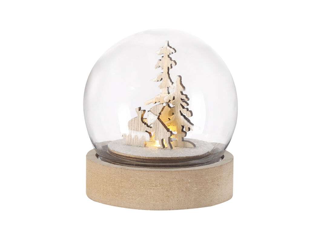 Bola Iluminada Navideña con Base de Madera y LED Blanco