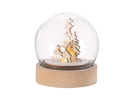 Bola Iluminada Navideña con Base de Madera y LED Blanco