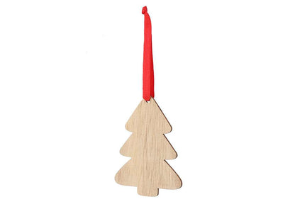 Adornos navideños de madera natural con lazo rojo