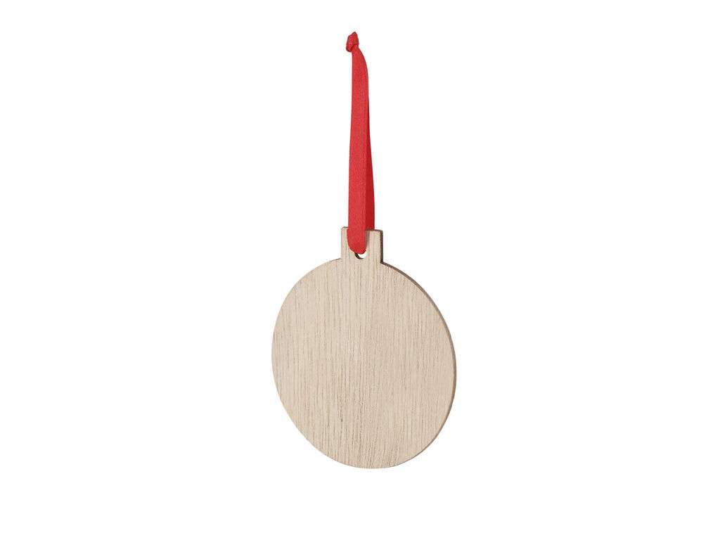 Adornos navideños de madera natural con lazo rojo