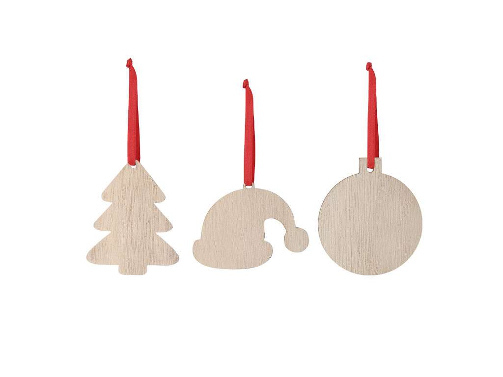 Adornos navideños de madera natural con lazo rojo