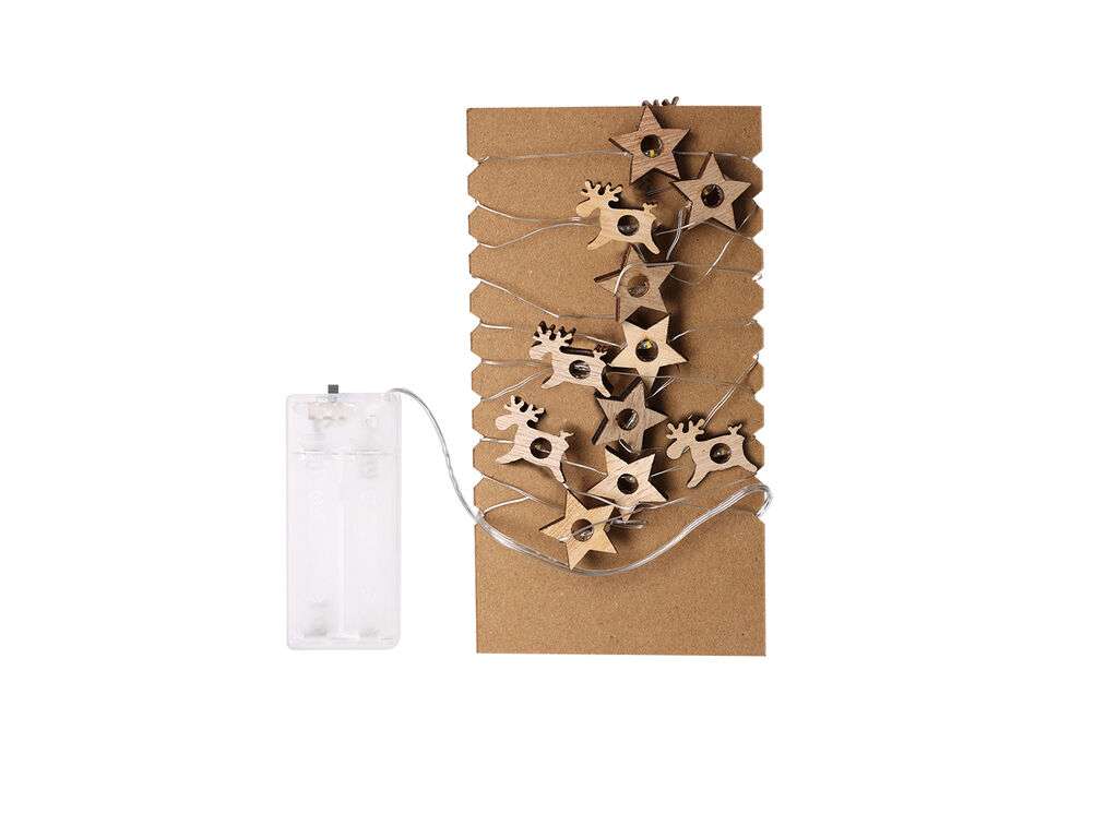 Guirnalda de madera natural con luces LED y formas navideñas