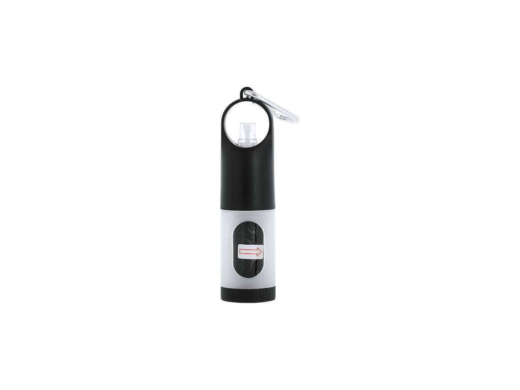 Dispensador para bolsas de mascotas con gel hidroalcohólico y mosquetón