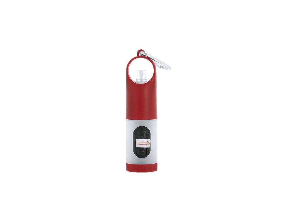 Dispensador para bolsas de mascotas con gel hidroalcohólico y mosquetón