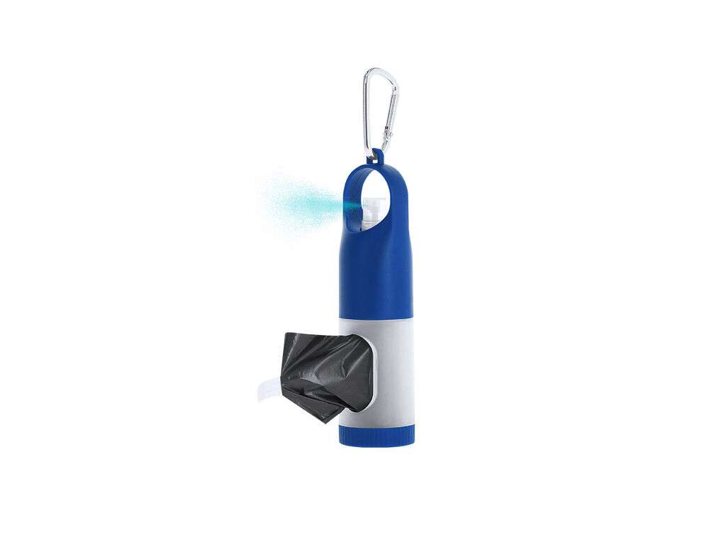 Dispensador para bolsas de mascotas con gel hidroalcohólico y mosquetón