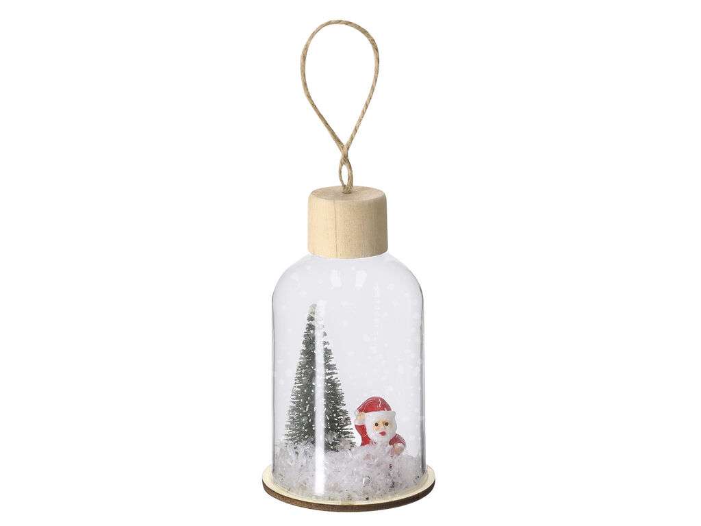 Adorno navideño de vidrio con base de madera natural y colgador de yute