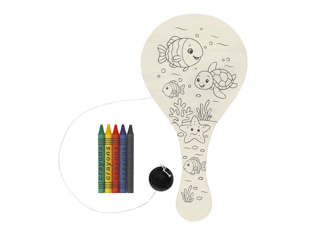 Set creativo de raqueta de madera con pelota y ceras de colores