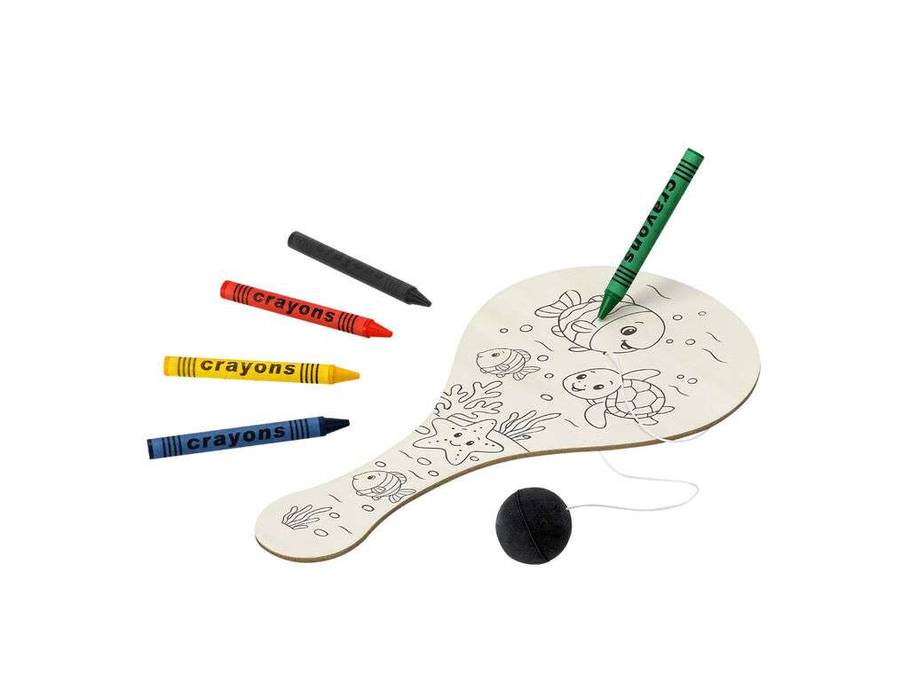 Set creativo de raqueta de madera con pelota y ceras de colores