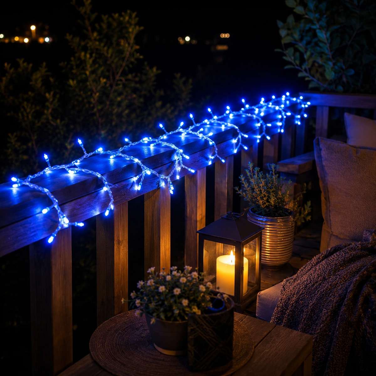 Guirnalda Luces Navidad 215 LED 3 m Azul y Blanco Frío, Cable Transparente, Decoración Navideña LED
