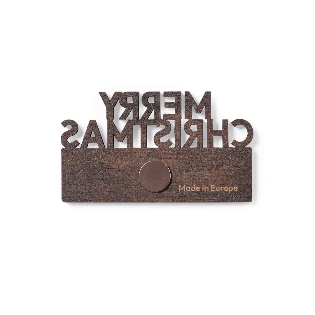 Imán de madera Merry Christmas bicolor con texto troquelado