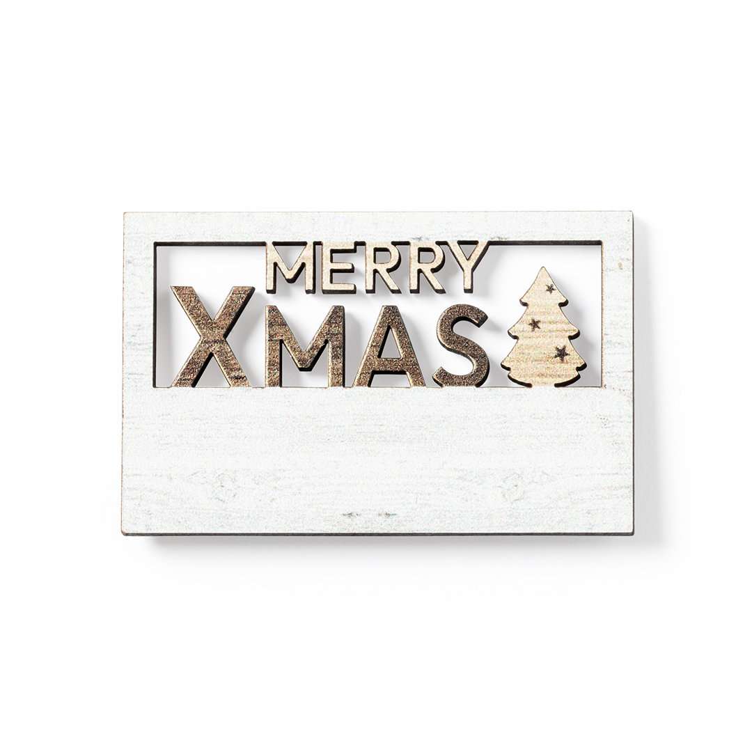 Imán Merry Christmas de madera natural con diseño bicolor