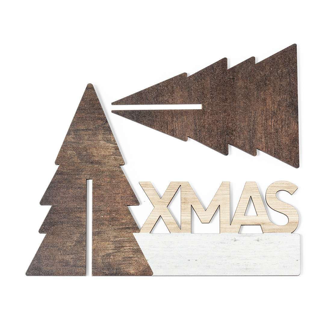 Adorno navideño árbol de madera natural con texto XMAS bicolor