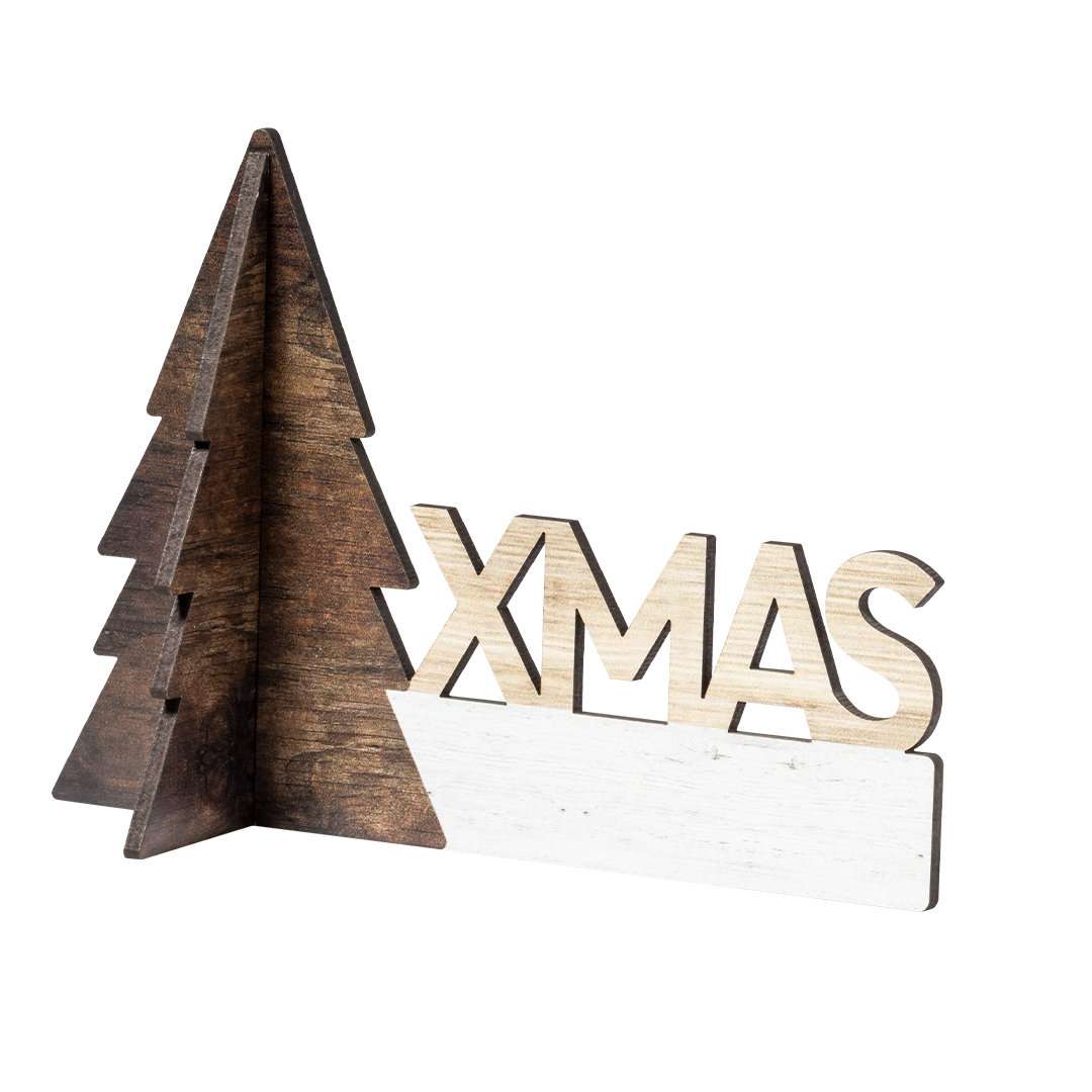 Adorno navideño árbol de madera natural con texto XMAS bicolor