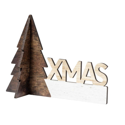 Adorno navideño árbol de madera natural con texto XMAS bicolor