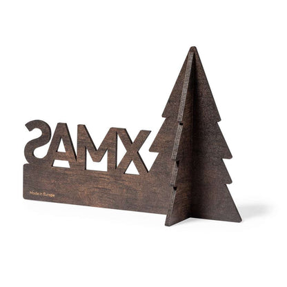 Adorno navideño árbol de madera natural con texto XMAS bicolor