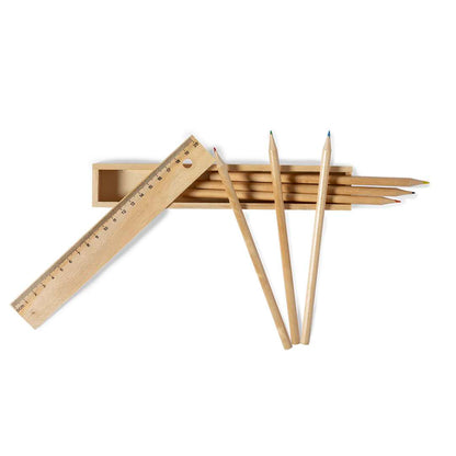 Set de 6 Lápices de Colores con Estuche de Madera y Regla 20cm