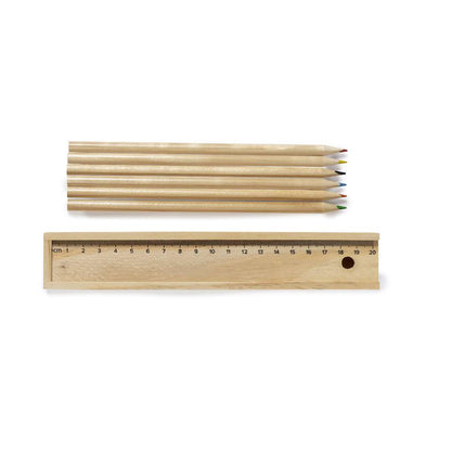 Set de 6 Lápices de Colores con Estuche de Madera y Regla 20cm