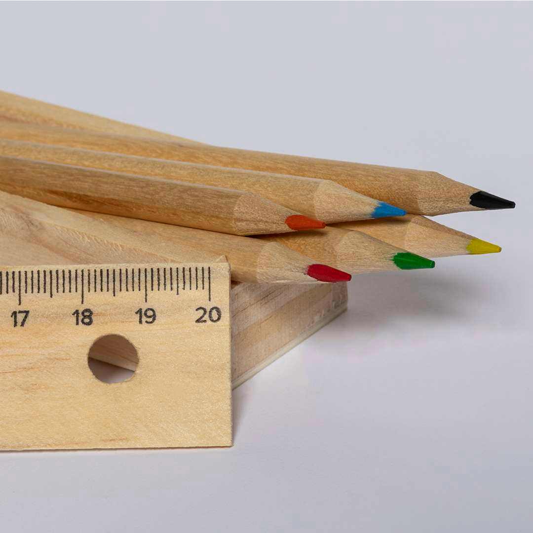 Set de 6 Lápices de Colores con Estuche de Madera y Regla 20cm
