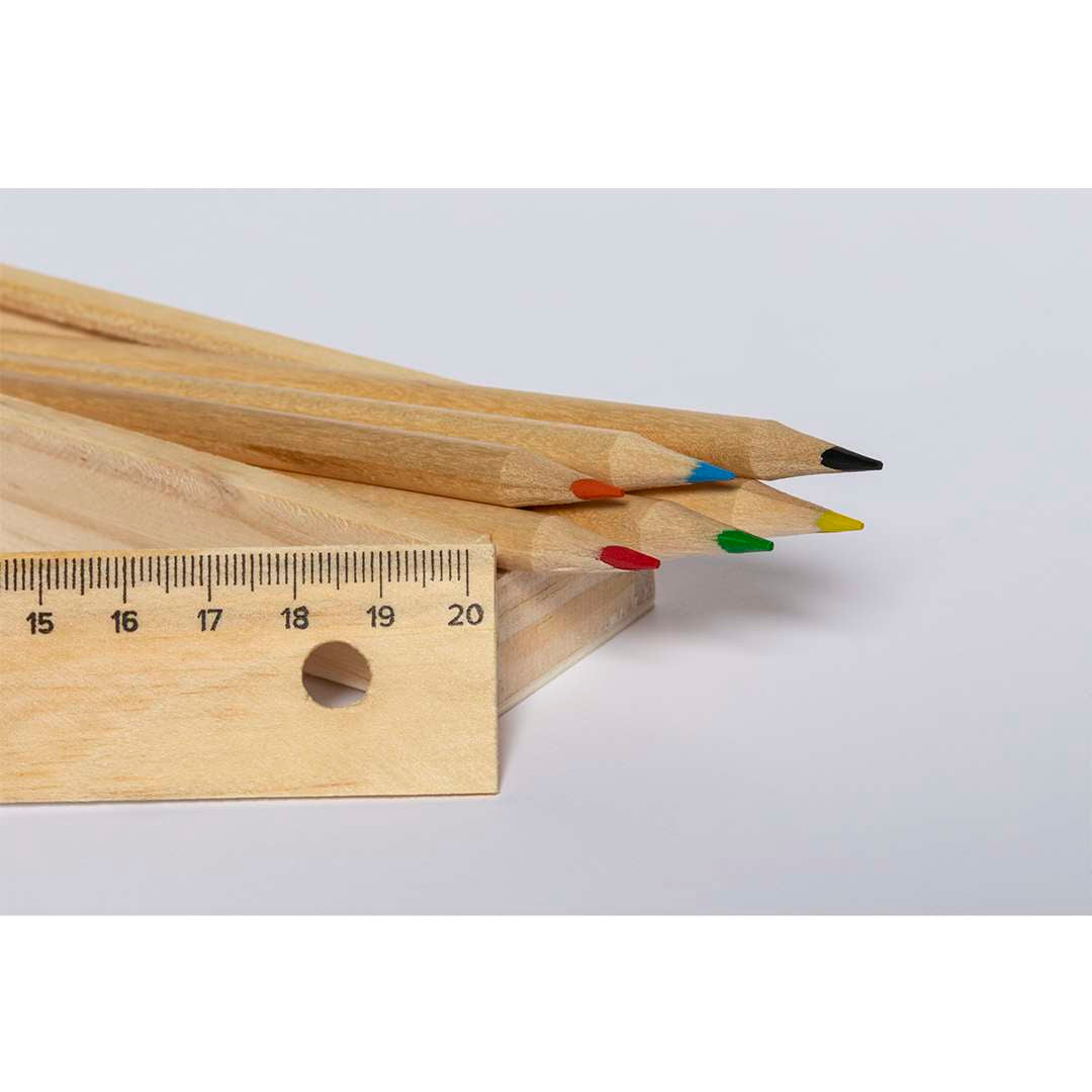 Set de 6 Lápices de Colores con Estuche de Madera y Regla 20cm