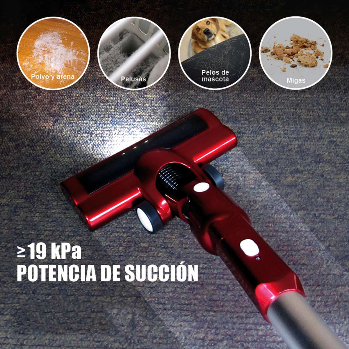 Aspirador sin Cable Almalux® 3 en 1 22,2V 19 kPa, 40 Min Autonomía, Filtro HEPA, Luz LED, Depósito 1L, Escoba y de Mano
