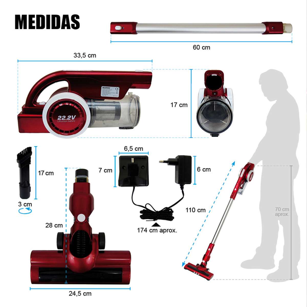 Aspirador sin Cable Almalux® 3 en 1 22,2V 19 kPa, 40 Min Autonomía, Filtro HEPA, Luz LED, Depósito 1L, Escoba y de Mano