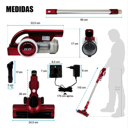 Aspirador sin Cable Almalux® 3 en 1 22,2V 19 kPa, 40 Min Autonomía, Filtro HEPA, Luz LED, Depósito 1L, Escoba y de Mano