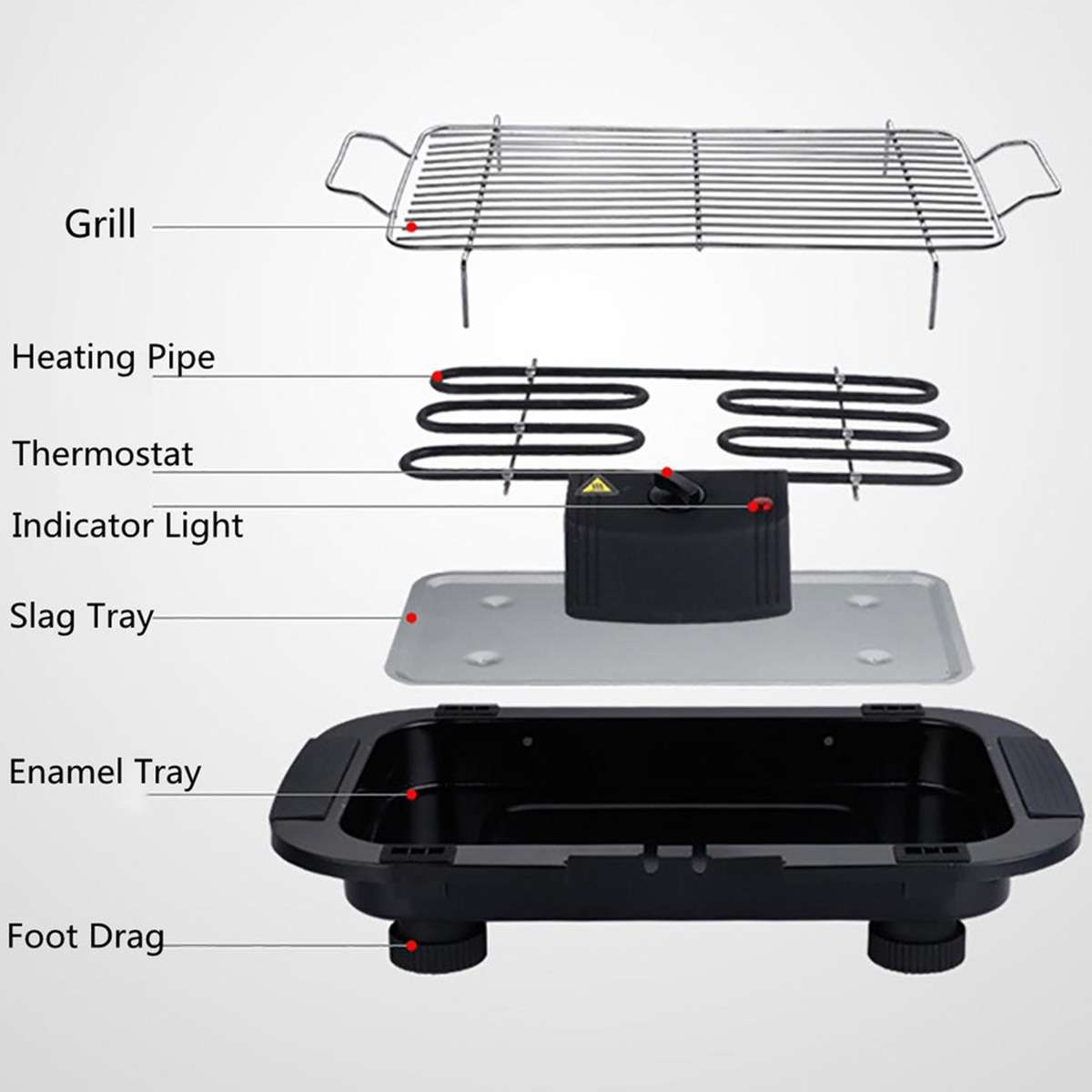 Barbacoa eléctrica Almalux® 2000W con parrilla de 2 alturas, 5 temperaturas y bandeja recoge grasa
