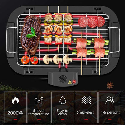 Barbacoa eléctrica Almalux® 2000W con parrilla de 2 alturas, 5 temperaturas y bandeja recoge grasa