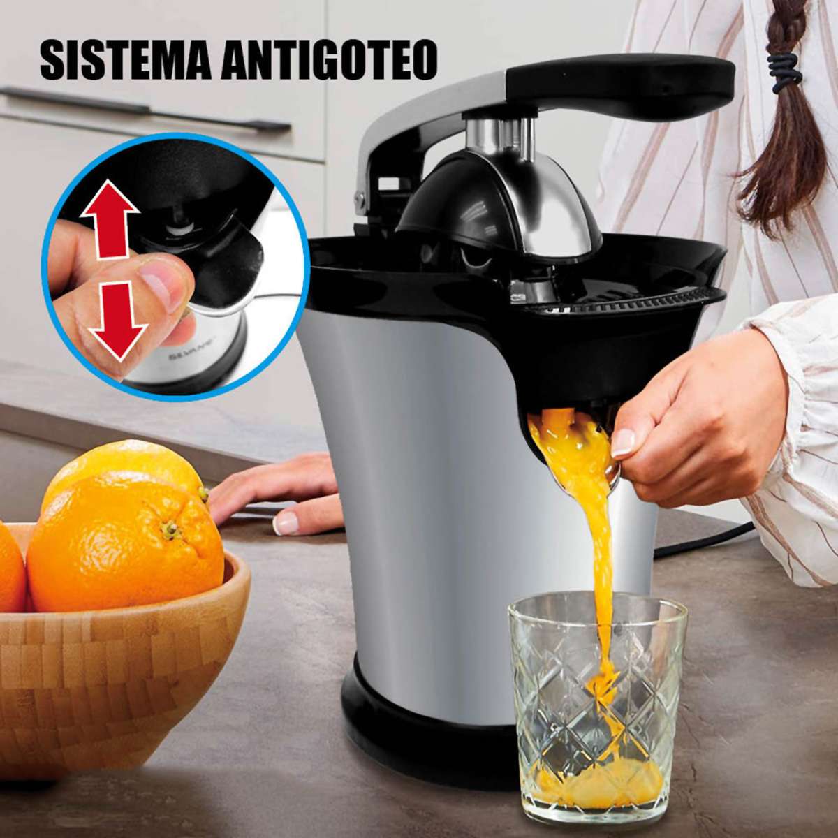 Exprimidor eléctrico Almalux® con palanca de presión 160W, boquilla antigoteo y regulador de pulpa