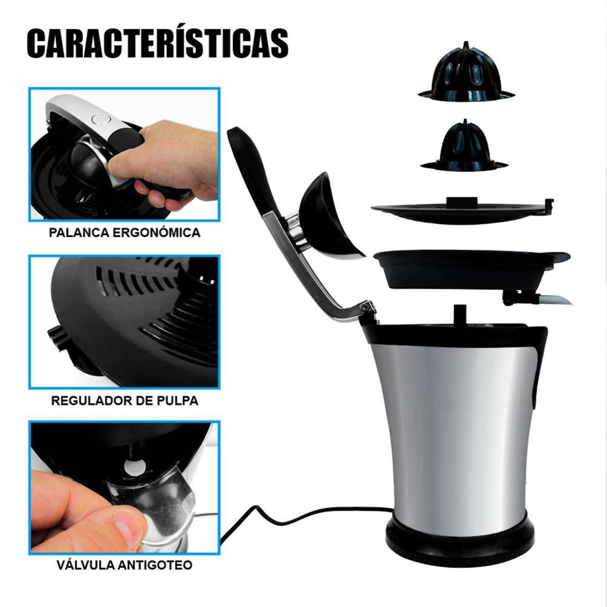 Exprimidor eléctrico Almalux® con palanca de presión 160W, boquilla antigoteo y regulador de pulpa
