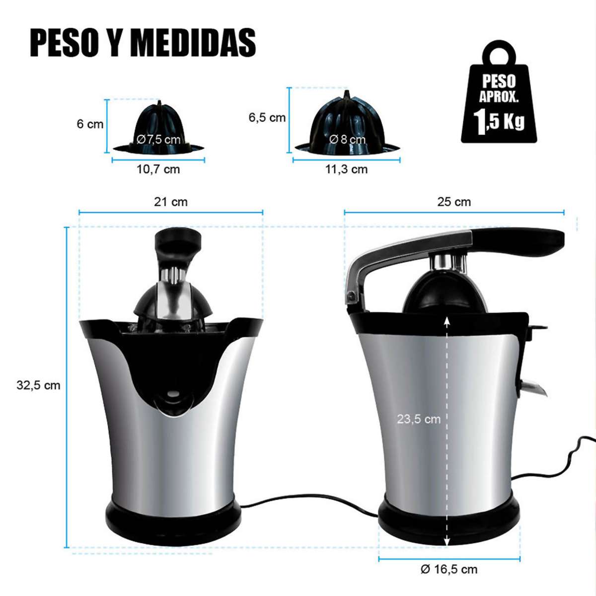 Exprimidor eléctrico Almalux® con palanca de presión 160W, boquilla antigoteo y regulador de pulpa