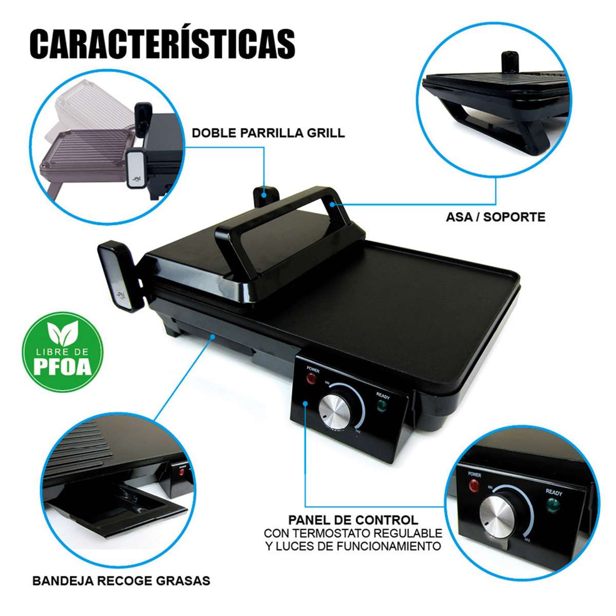 Parrilla multifunción Almalux® 2 en 1 plancha de asar y grill 2000W con apertura 180º y termostato regulable