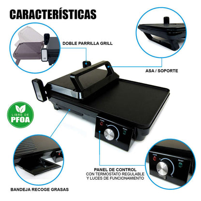 Parrilla multifunción Almalux® 2 en 1 plancha de asar y grill 2000W con apertura 180º y termostato regulable