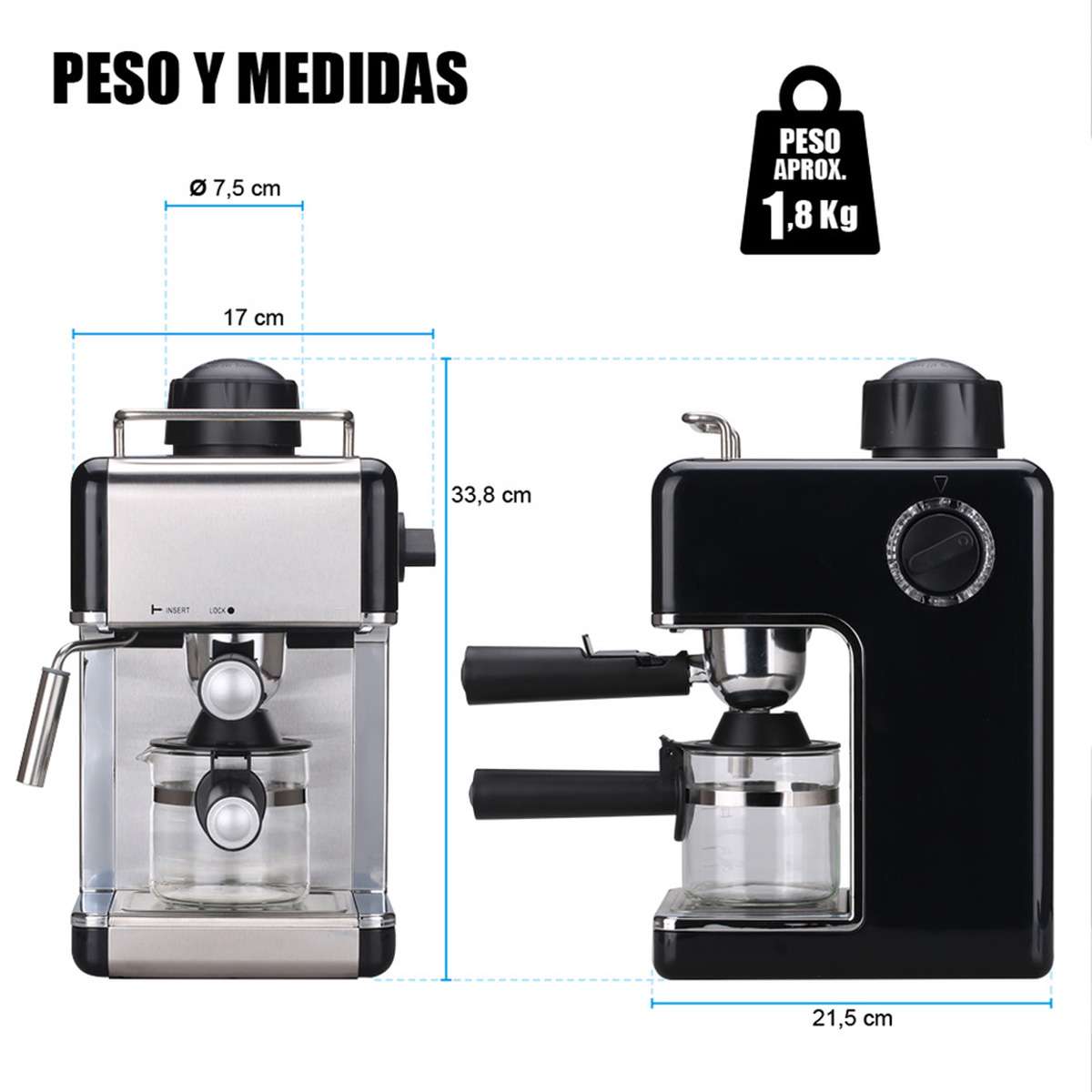 Cafetera Espresso  Almalux® 3.5 Bares - Acero Inoxidable – Café Intenso y Cremoso en Casa
