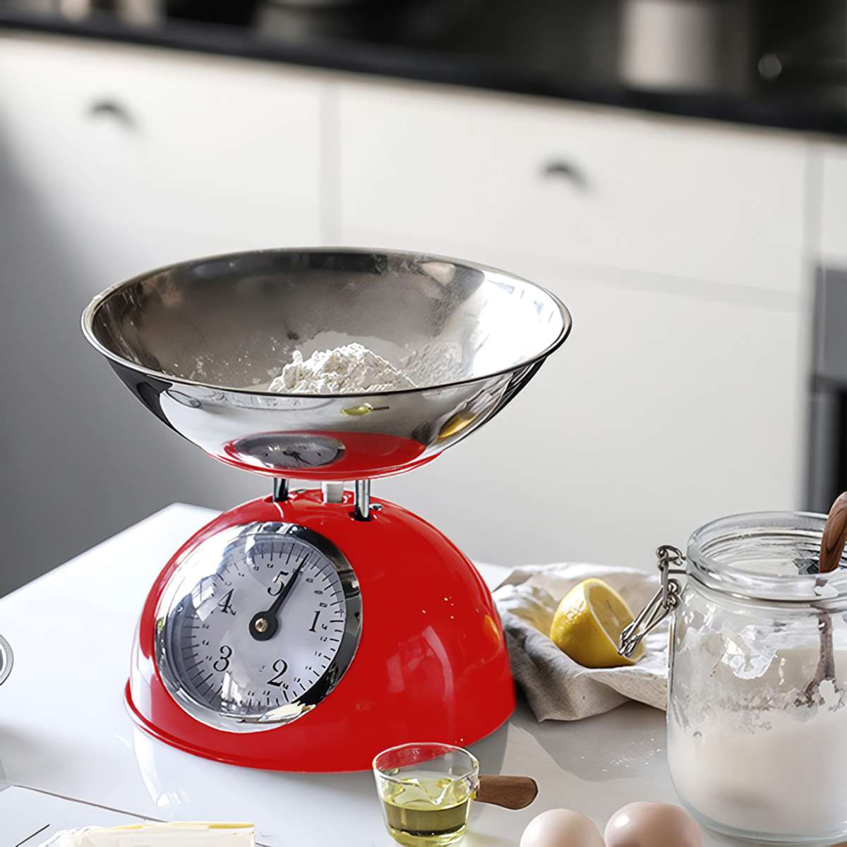 Báscula de cocina retro Almalux® con cuenco extraíble de acero inoxidable, capacidad 5 kg y diseño vintage