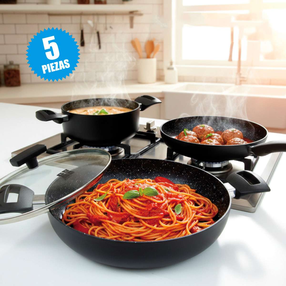 Batería de cocina Almalux® de 5 piezas - Aluminio - 20, 24 y 28 cm con Tapas