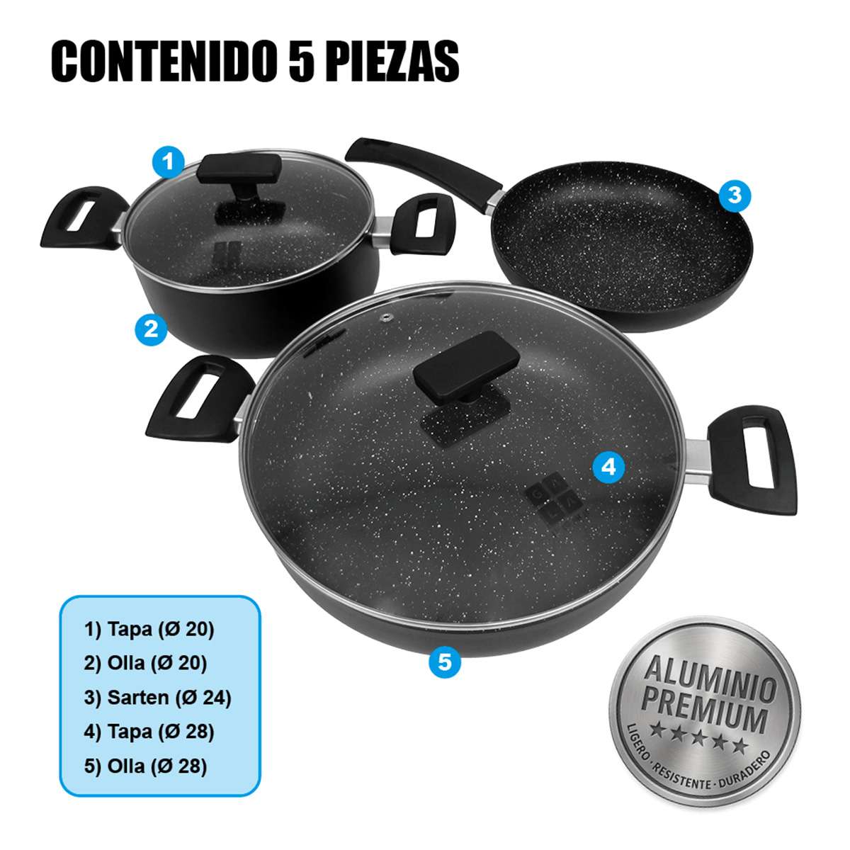 Batería de cocina Almalux® de 5 piezas - Aluminio - 20, 24 y 28 cm con Tapas