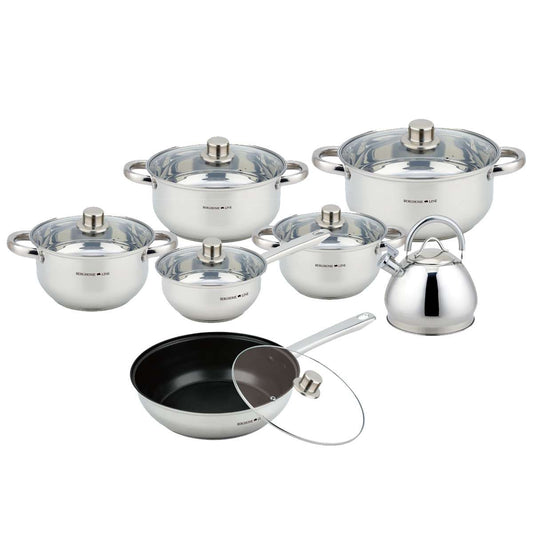 Batería de Cocina Almalux® 13 Piezas de Acero Inoxidable con Tapas, Apta para Inducción y Lavavajillas