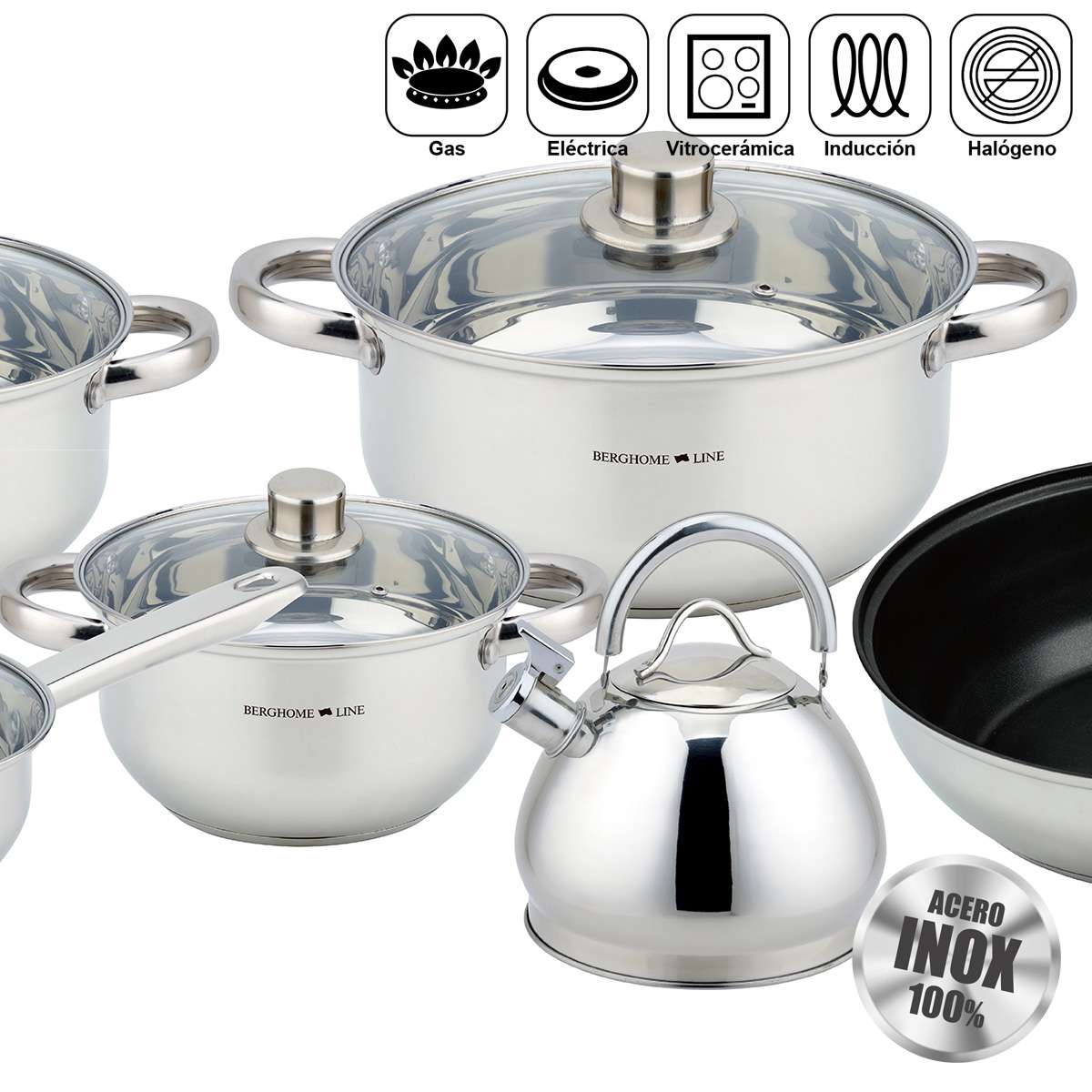 Batería de Cocina Almalux® 13 Piezas de Acero Inoxidable con Tapas, Apta para Inducción y Lavavajillas