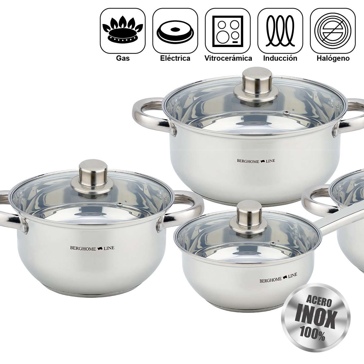 Batería de Cocina Almalux® 13 Piezas de Acero Inoxidable con Tapas, Apta para Inducción y Lavavajillas